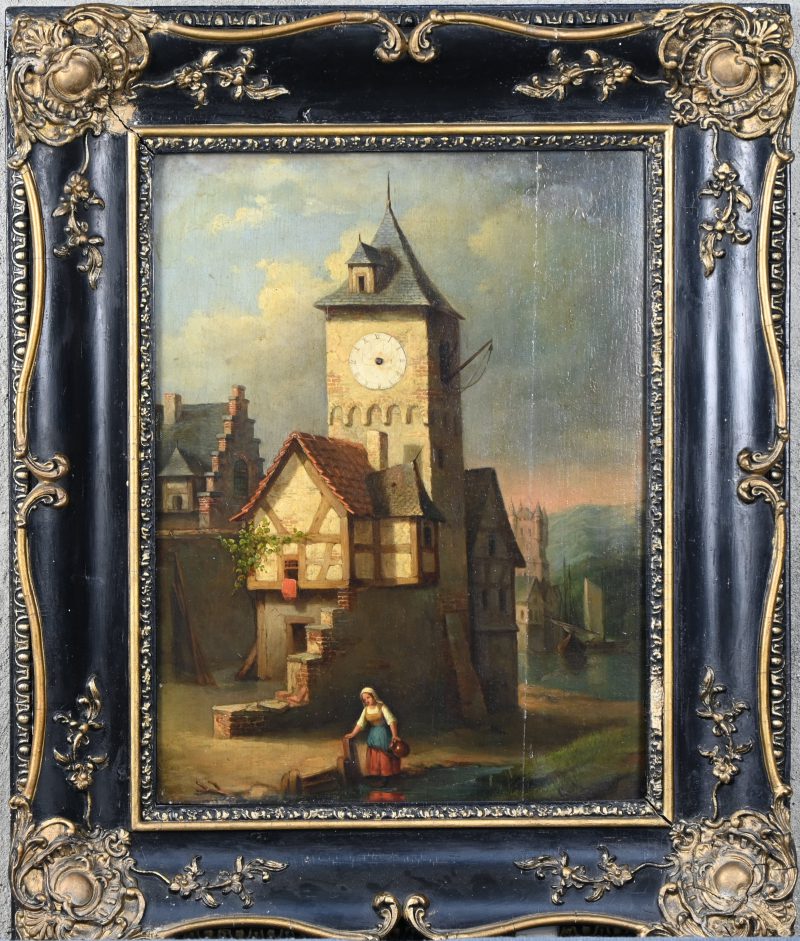 Een schilderij-klok, olieverf op paneel, decoratief model, wijzers ontbreken, klokmechanisme nooit aanwezig geweest. Gemonogrammeerd C.V.M.
