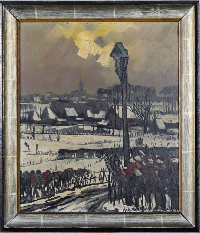‘Winters landschap met kruisbeeld’, olieverf op paneel. Getekend; Ach. Van Assenbrouck.