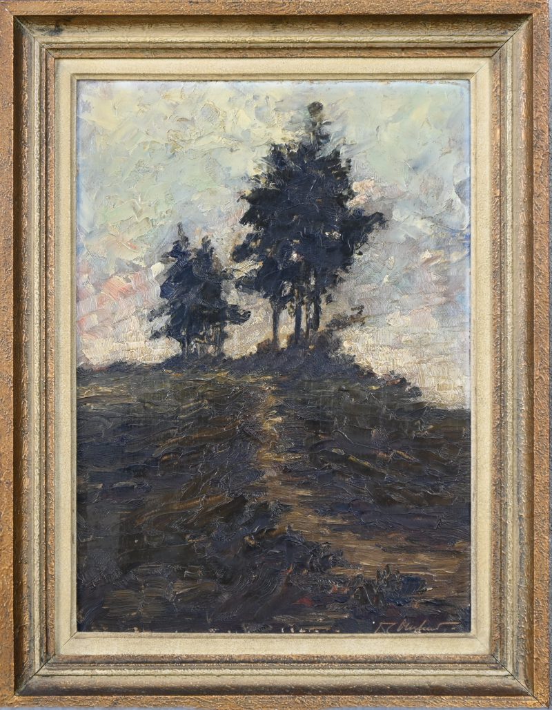 ‘Bomengroep in de avondschemering’, olieverf op paneel. Een impressionistische studie, vermoedelijk en plein air. Onleesbaar getekend.