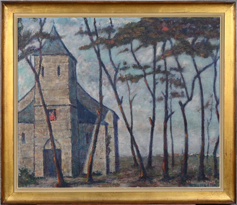 ‘Landelijke kerk in avondrood’, impressionistisch olieverfschilderij op doek. Getekend; Tambeur?
