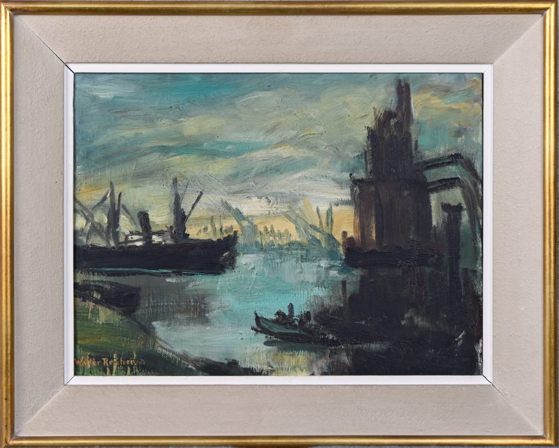 ‘Bedrijvigheid in de haven’, olieverf op paneel. Getekend; Walter Rentier.