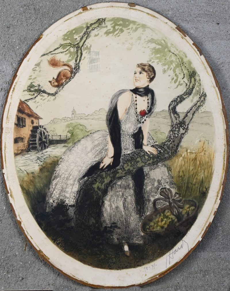 “Jongedame aan de watermolen”, een kleurenets, genummerd en gesigneerd buiten de plaat ‘Hardy’.