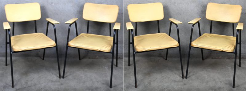 Een set van vier vintage Tubax armstoelen, ontworpen in de jaren 50 door Willy van der Meeren. Bekleed met mosterdgele skai op een zwart metalen buisframe.