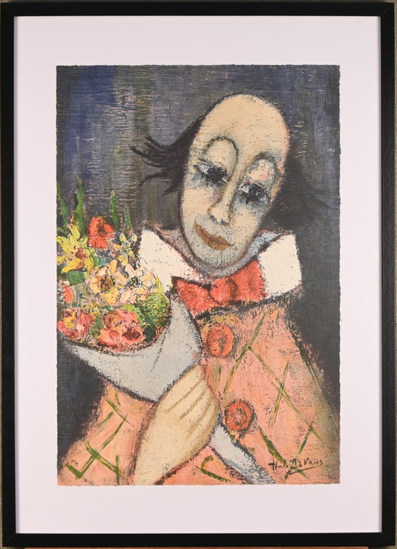 ‘Clown met bloemen’, een kleurenlitho. Getekend; Hubert de Vries. 95/99.