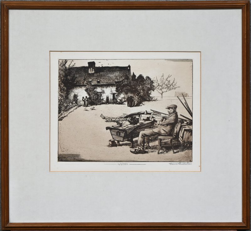 ‘Rustiek sfeerbeeld’, een monochrome ets. Getekend; Henri Quittelier. 16-04-1952.