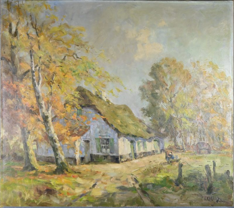 “Hoevezicht”, een schilderij, olieverf op doek zonder kader, gesigneerd F. Eyskens en gedateerd 1940.