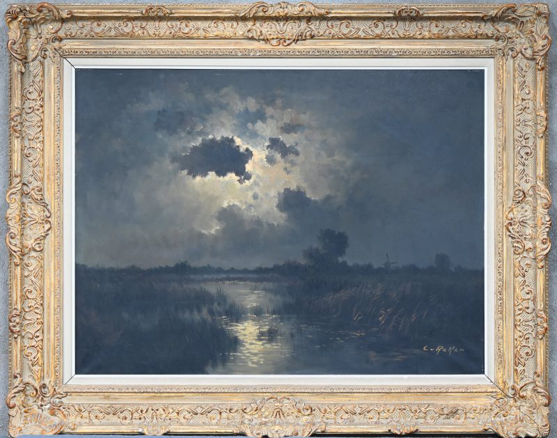 ‘Maanlicht boven het ven’, olieverf op doek. Getekend; C. V. Reken.