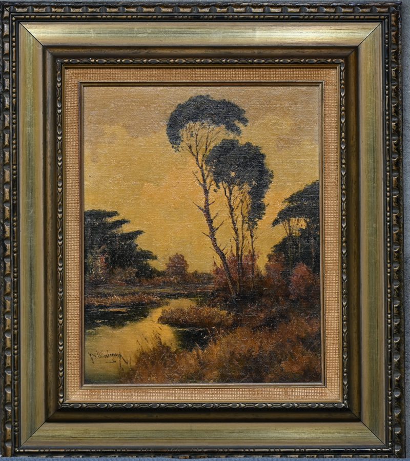 ‘Landschap met ven’, olieverf op doek. Getekend.