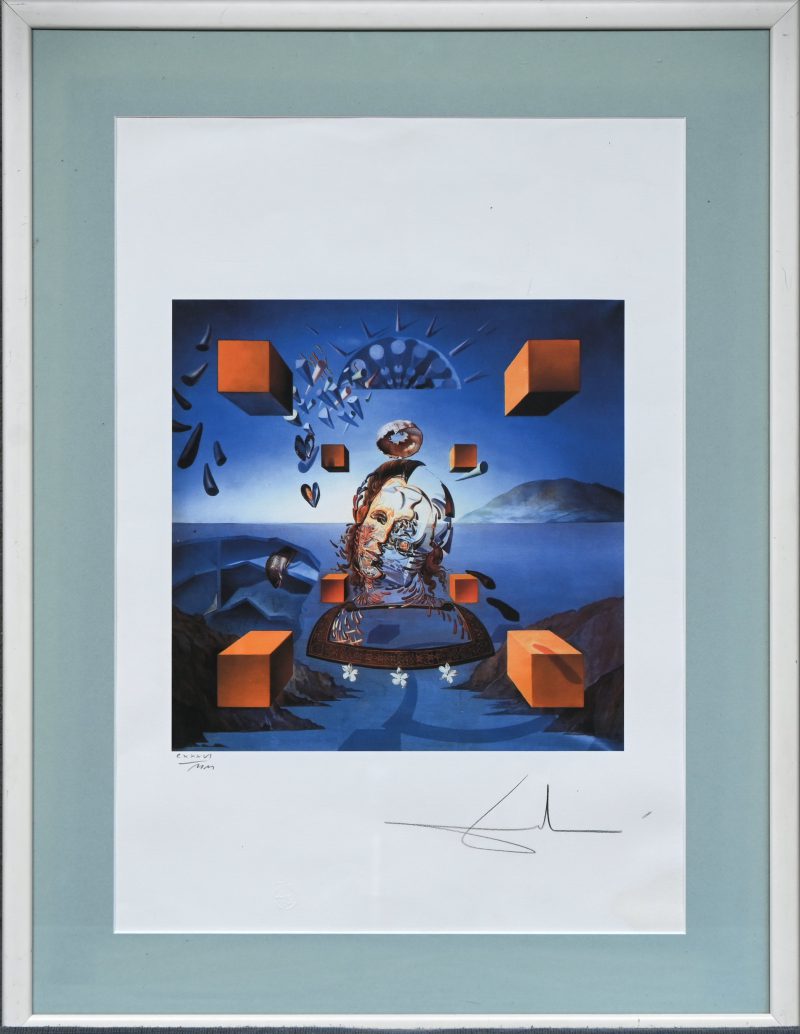 ‘Galathea van de Sferen’, een gesigneerde kunstdruk naar het schilderij van Dali, met droogstempel van het atelier Dali.