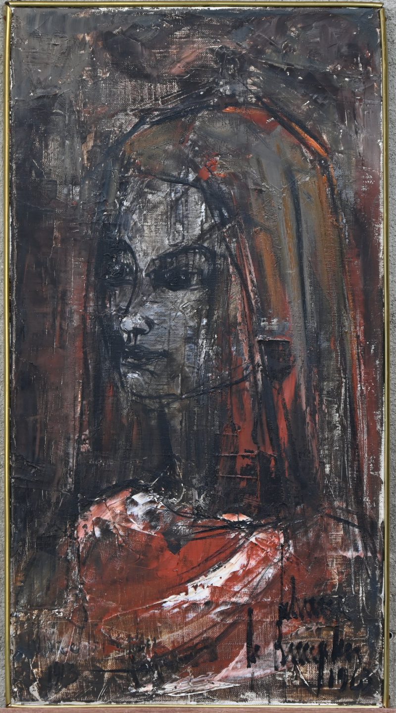 ‘Expressionistisch vrouwenportret’, olieverf op doek. Getekend; Frans de Bruycker, 1963.
