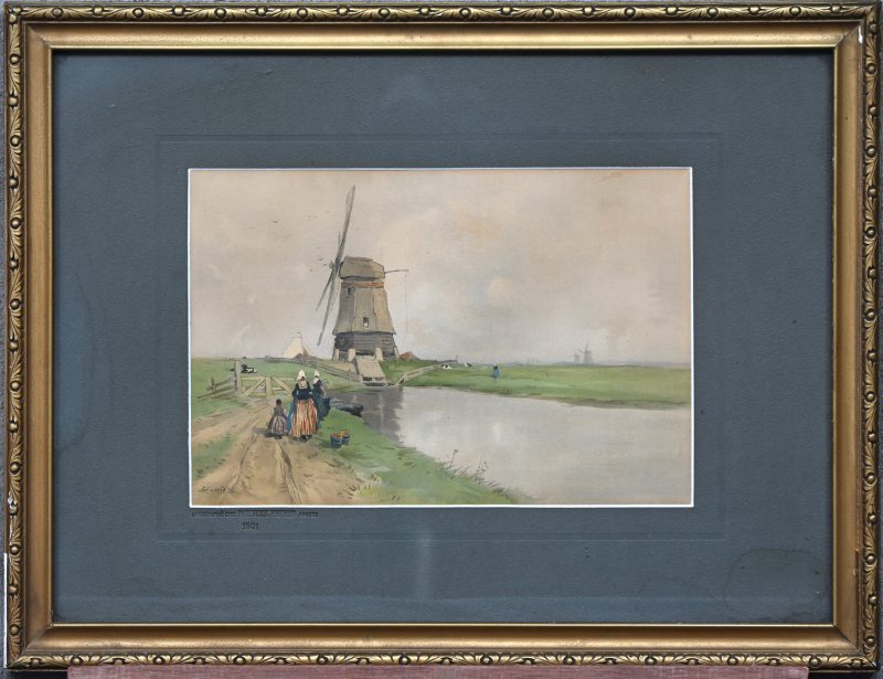 ‘Landschap met windmolens’, kleurenlitho naar het werk van Henry Cassiers. Gedrukt door de firma Rattinckx & Freres, Antwerpen.