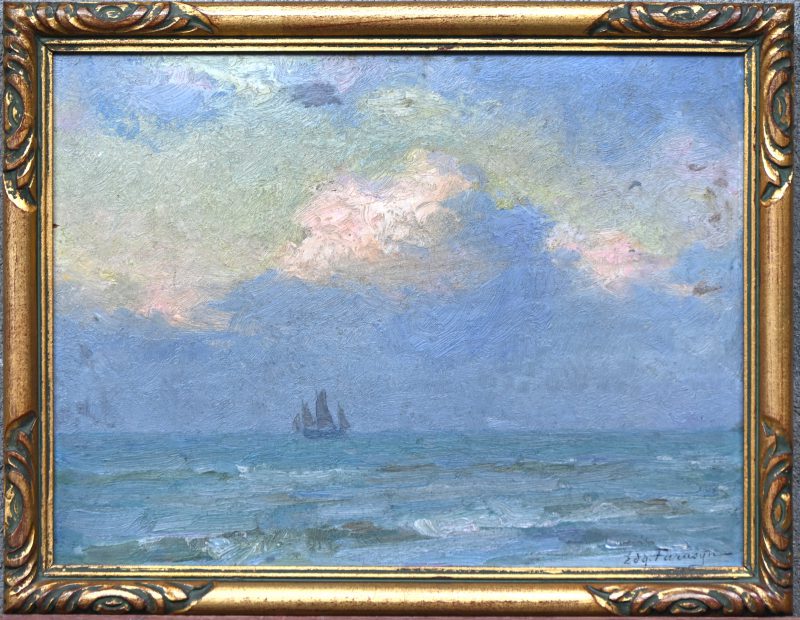 ‘Zeilschip in de mist’, olieverf op paneel. Getekend; Edg. Farsyn.