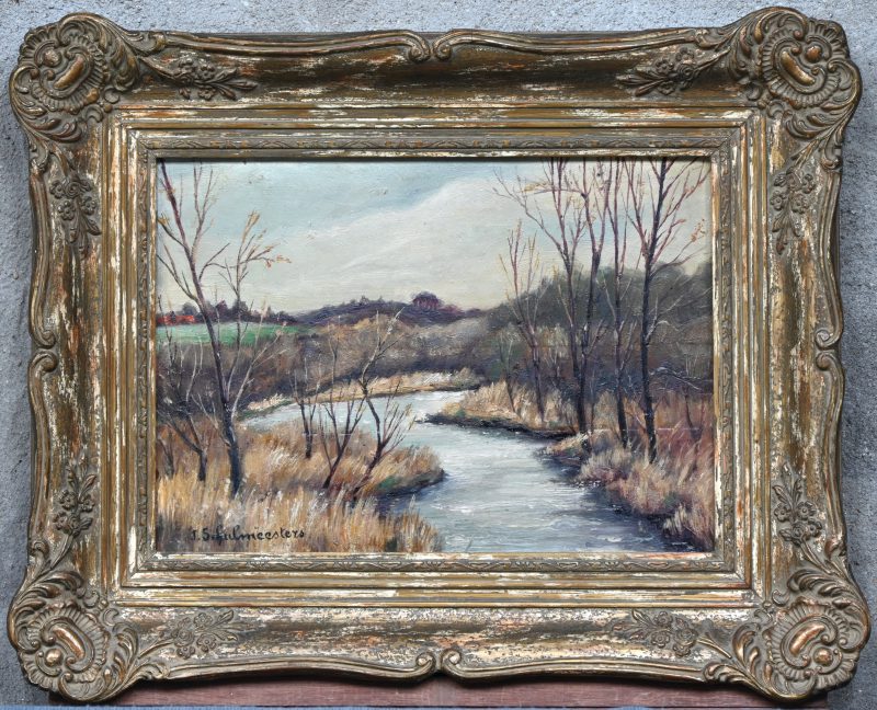 ‘Herfstlandschap met ven’, olieverf op paneel. Getekend; J. Schulmeesters.