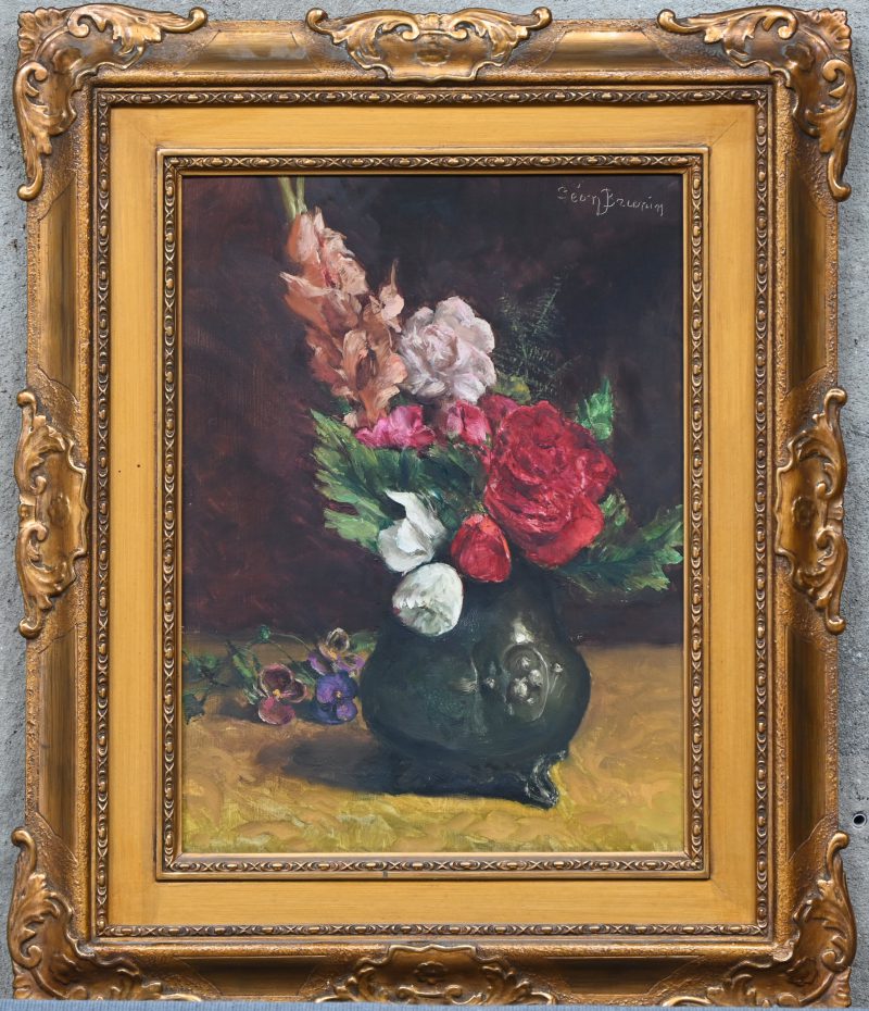 ‘Stilleven met bloemen in tinnen pot’, olieverf op doek.