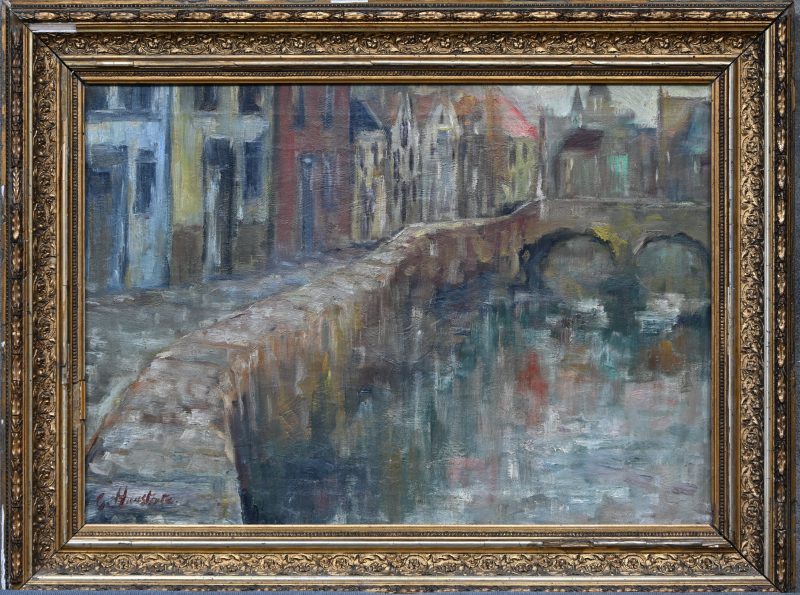 ‘Zicht op de Brugse reien’, olieverf op doek. Getekend G. Haustrate.