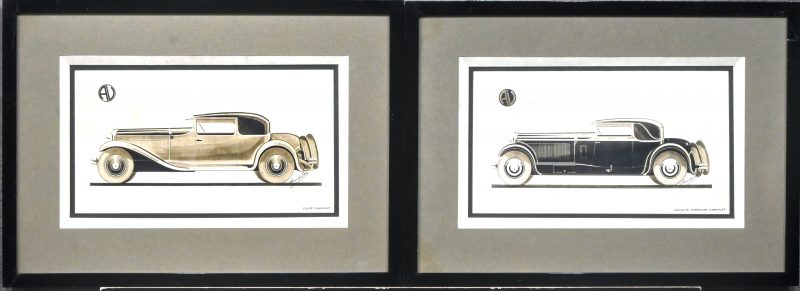 Een lot van twee decoratieve reproducties met betrekking tot Minerva Automobiles.