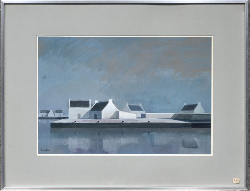 “Witte huizen bij het water”. Litho. Gesigneerd in de plaat.