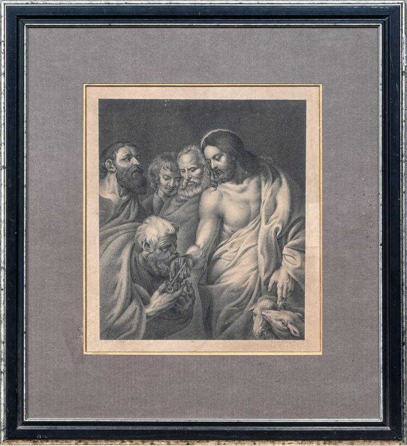 “Jezus geeft de sleutels van de Kerk aan Petrus”. Barokke gravure naar P.P. Rubens