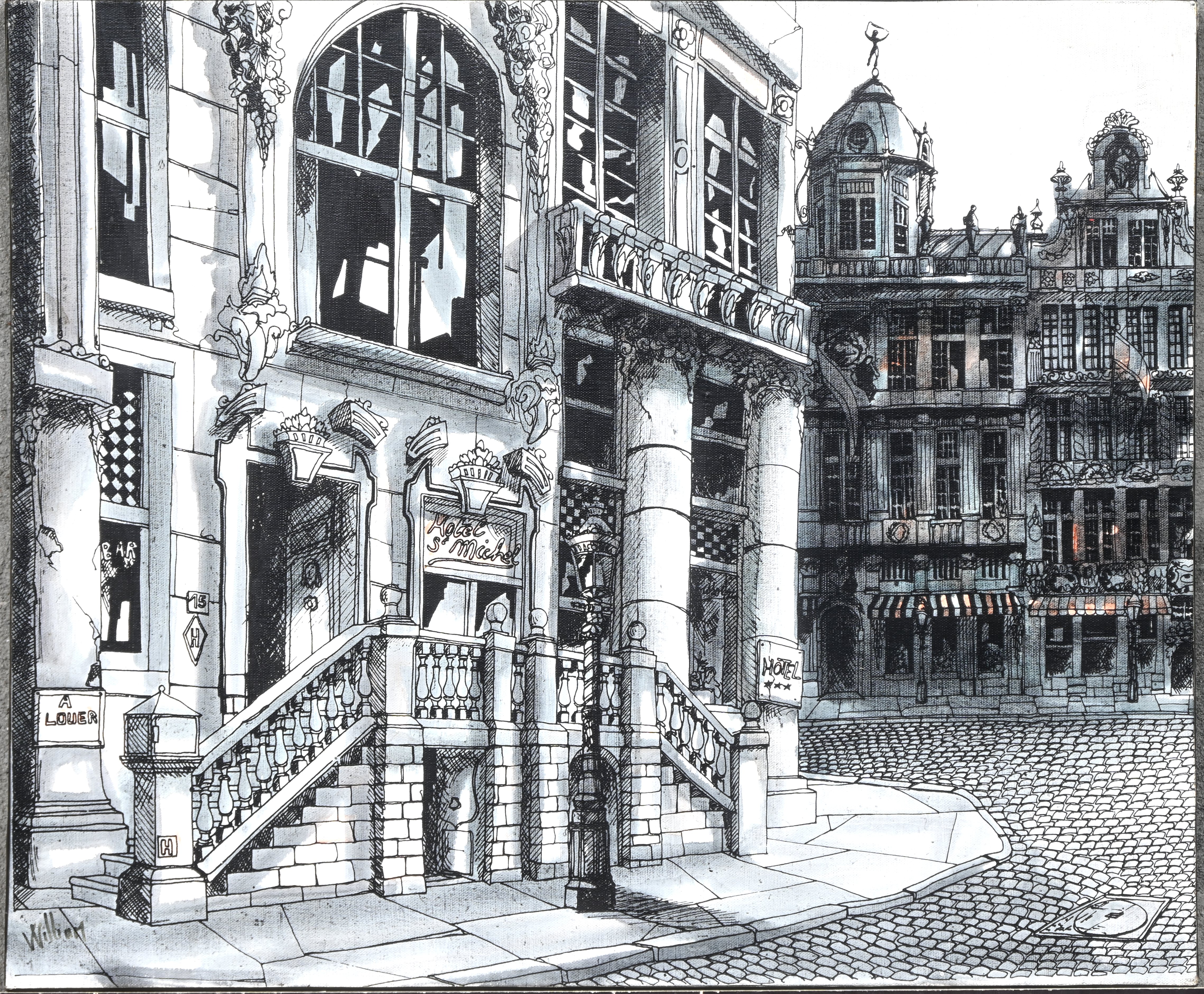 “Hotel St.Michel”. Zwart-wit print op doek “Hotel St.Michel”. Zwart-wit print op doek.