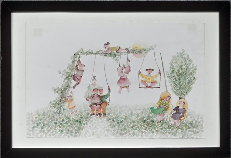 “Moeders en spelende kinderen”. Aquarel op papier. Gesigneerd.