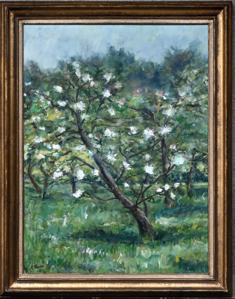 “Lentebloesems”, een schilderij, olieverf op doek, gesigneerd M. Van Den Poel en gedateerd 1975.