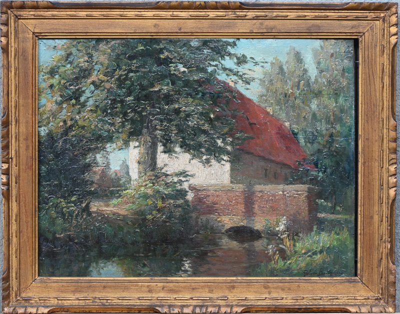 “Hoeve bij de beek”. Olieverf op paneel. Gesigneerd.