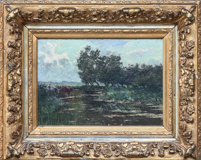“Koeien in een bosrijk landschap”. Olieverf op doek. Gesigneerd.