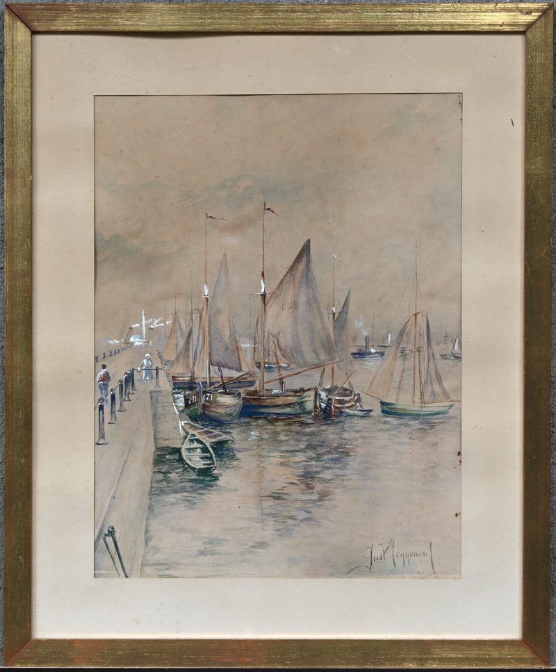 ‘Zeilschepen aan de pier’, een aquarel in gedempte tontn. Getekend; Gust Feyenart.