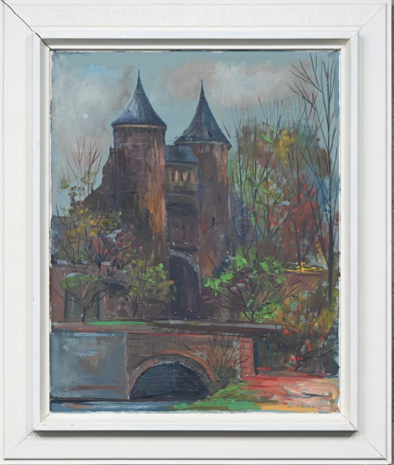 ‘Kasteelpoort’, olieverf op doek. Getekend; B. Heckers.