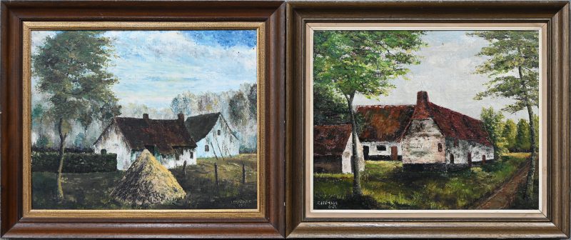 ‘Hoevezichten’, olieverf op doek. Een lot van twee schilderijen, getekend; F. Leemans.