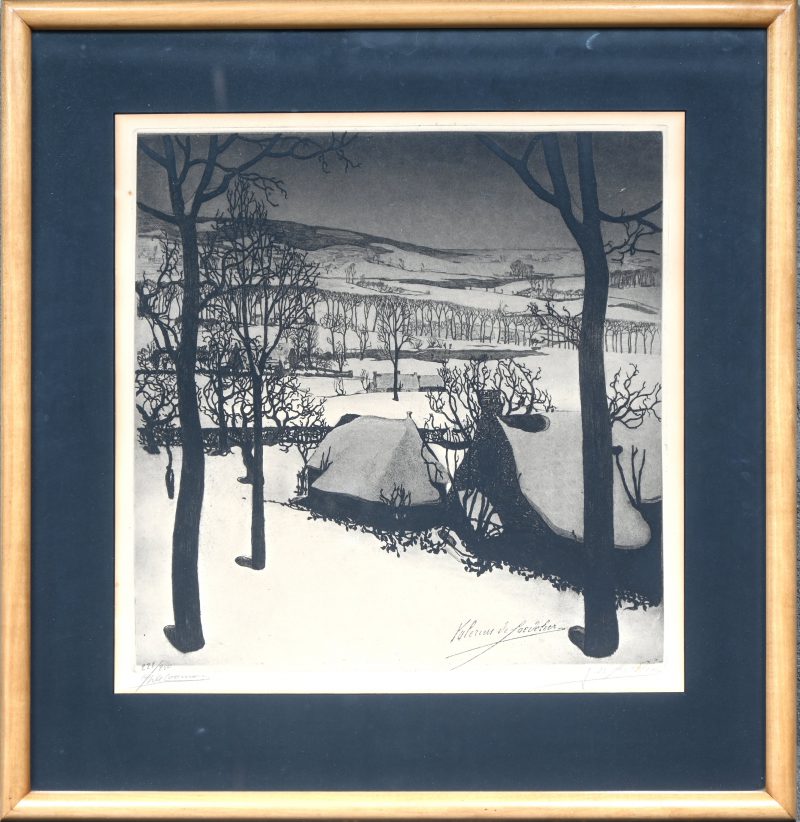 ‘Sneeuw in Vlaanderen’, een monochrome ets. Getekend; Jan de Cooman, in opdracht van Valerius de Saedeleer. Nr. 222 uit een oplage van 250 exemplaren.