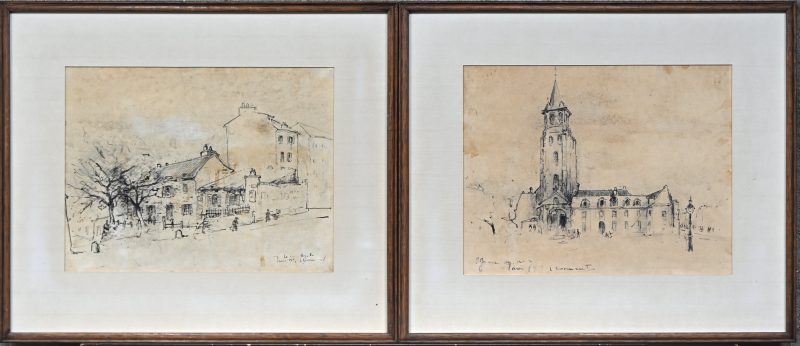‘St. Germaine des prés’ en ‘straatbeeld in Parijs’, potlood en bister op papier. Getekend; L. Lommaert.