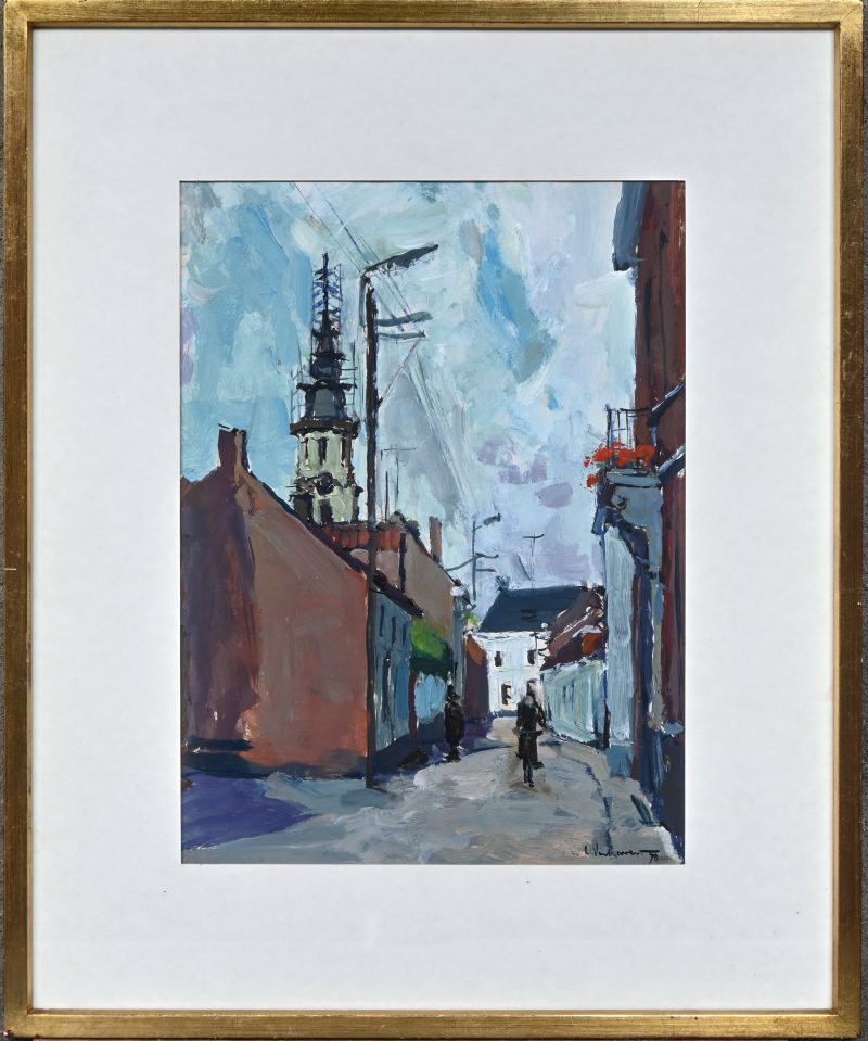‘Schuttershofstraat te Puurs’, olieverf op papier. Getekend; L. Verhavert, ‘78.