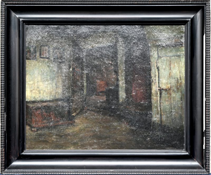 ‘Interieur met doorkijk’, olieverf op doek in de stijl van Piet Lippens. Niet getekend.