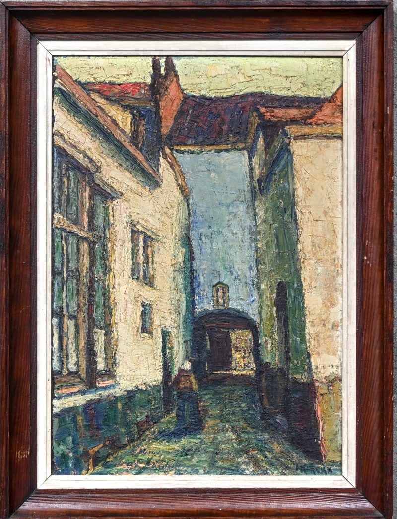 ‘Straatbeeld met oude vrouw’, een impasto olieverfschilderij op doek. Getekend; I. Kerckx.