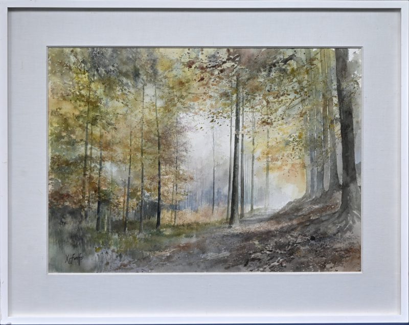 ‘Herfstbos’, aquarel getekend; X. Swolfs.