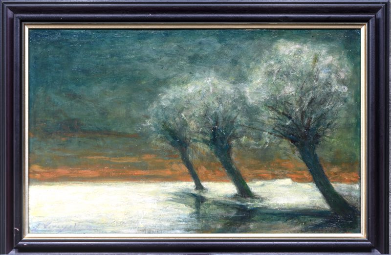 ‘Winters landschap met knotwilgen’, olieverf op paneel. Getekend; E. Vereycken.