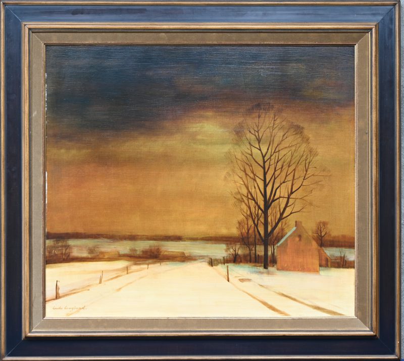 ‘Winters Landschap’, olieverf op paneel. Getekend; Ludo Laagland.