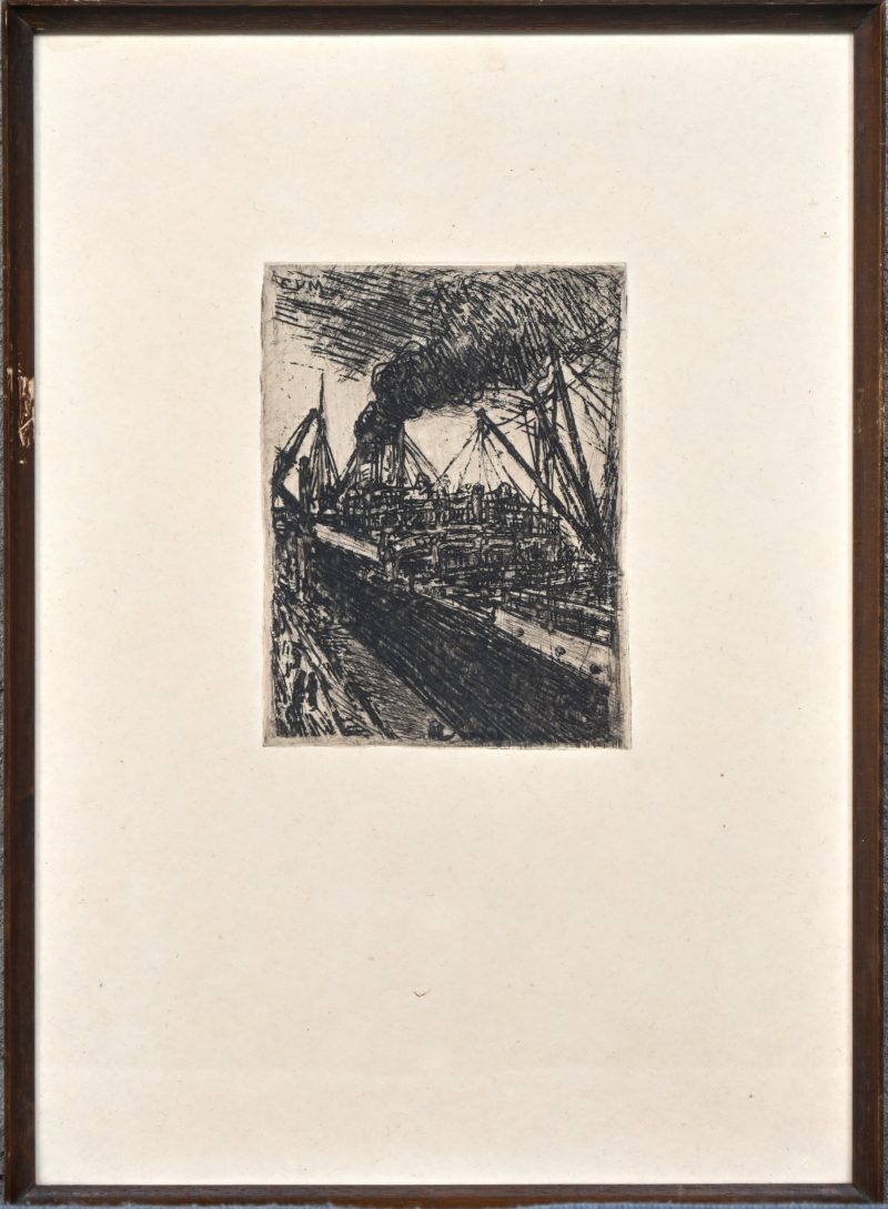 ‘Vrachtschip aan de kade’, een monochrome ets door Eugeen Van Mieghem. Getekend binnen de plaat; EVM.