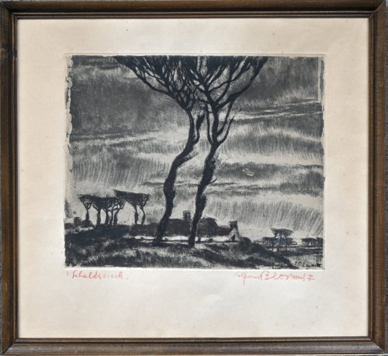 ‘Scheldestreek’, ets/droge naald. Getekend; Alfons Blomme.