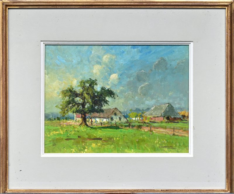 “Landschap met hoeve”, een schilderij, olieverf op paneel, gesigneerd L Lommaert.