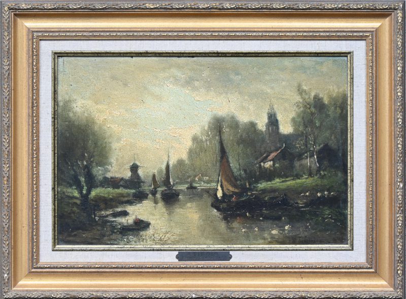 ”Hollands zicht met bootjes”, een schilderij, olieverf op paneel, gesigneerd en met naamplaatje J. Tibois, Ec Holl 1838-1897.