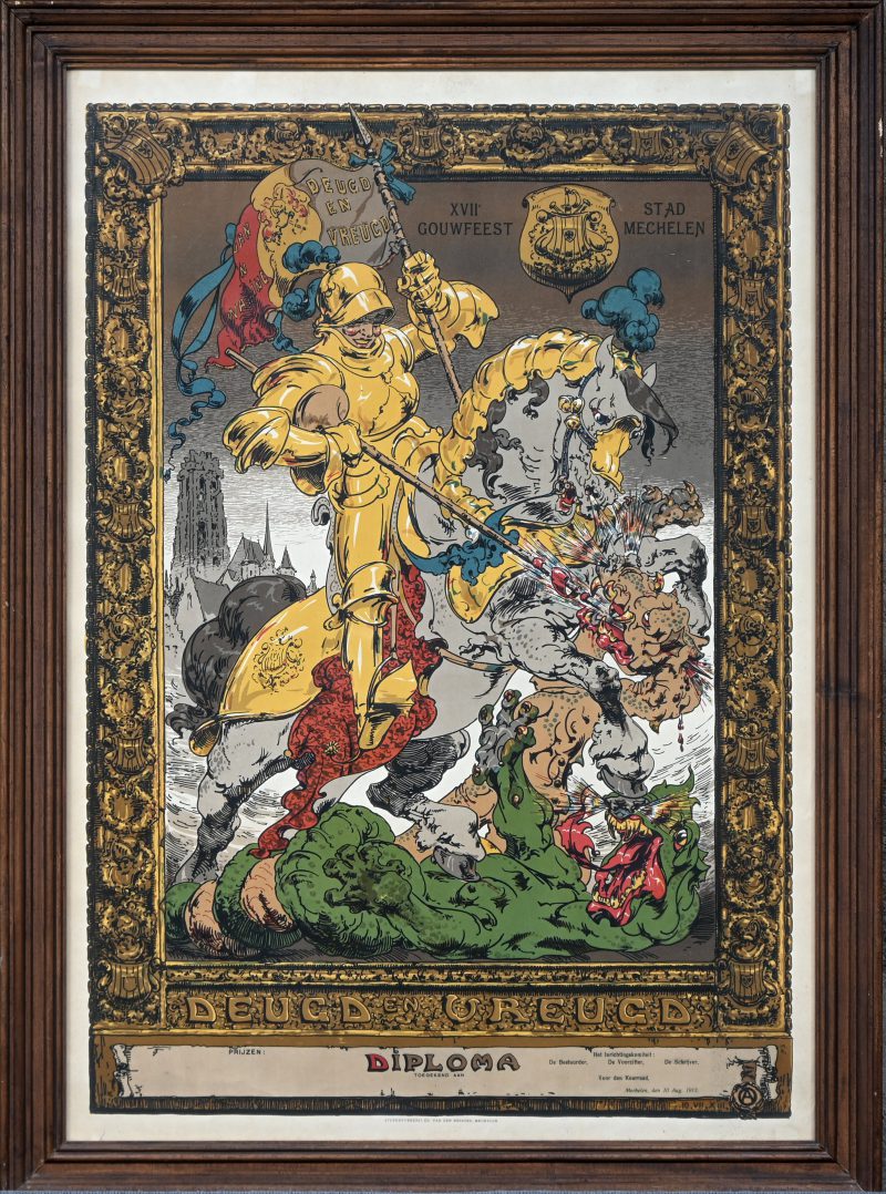 ‘Deugd en vreugd’, een ingekaderde lithografische poster. Uitgegeven door de stad Mechelen ter ere van het XVIIe gauwfeest. 1913.