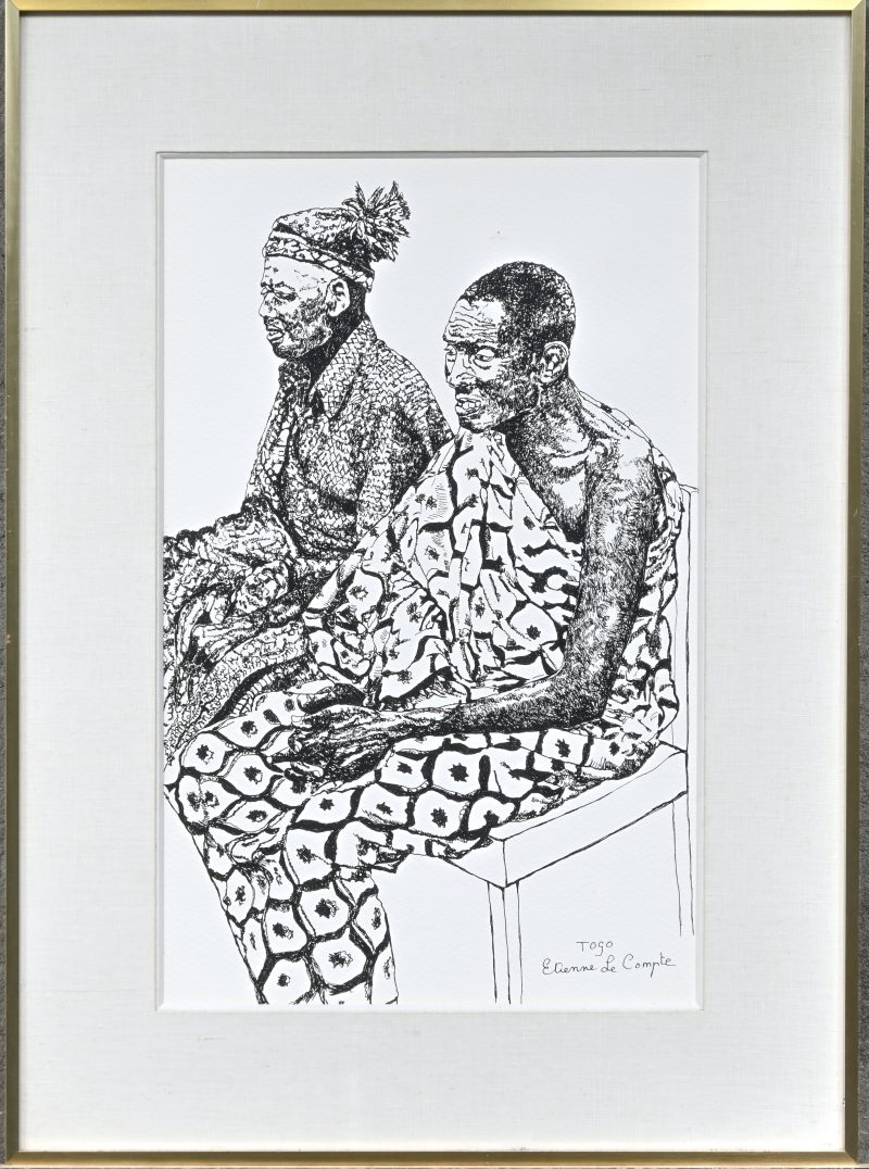 ‘Togo’, een zwart-wit tekening van twee zittende personen. Viltstift op papier. Gesigneerd.
