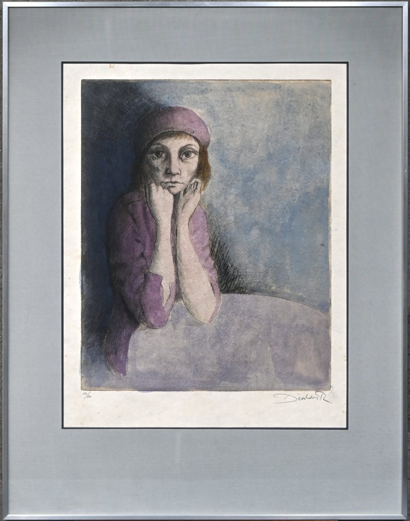 ‘Vrouw met paarse baret’, een ingekleurde ets/droge naald. Gesigneerd en gedateerd. Nr. 22 uit een oplage van 30 exemplaren.