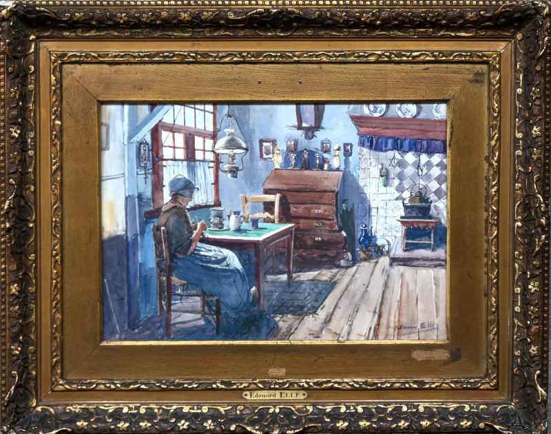 ‘Intérieur Zelandais’, aquarel op papier. Gesigneerd.
