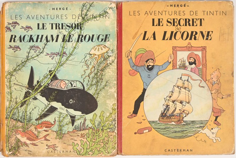 - Le secret de la Licorne. Ed. Casterman, B2 (1948). Goede staat, stempel en naam, blok bijna los, maar compleet.- Le Trésor de Rackham le Rouge. Ed. Casterman. B1 , gele rug(1947). Zeer slechte staat (1 schutblad manco, verder compleet).