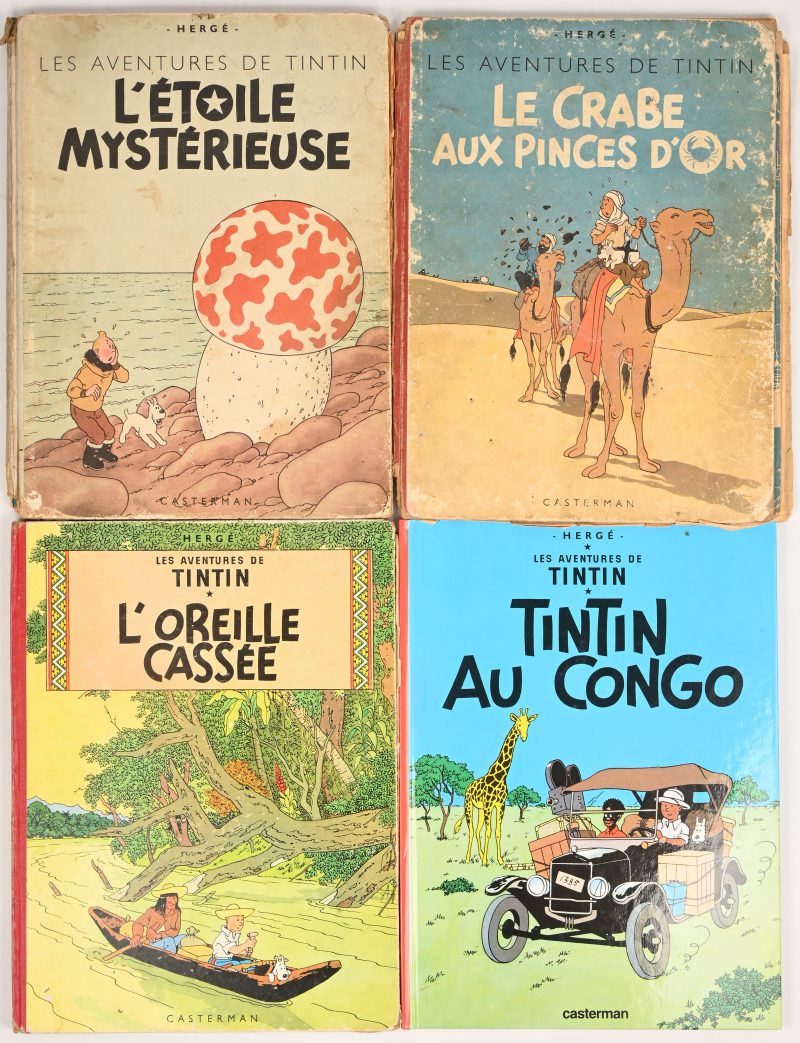 - Tintin au Congo. Ed. Casterman 2019?- L'Oreille Cassé. Ed. Casterman, 4e pl. B20 (1956). Goede staat, enkele bladen wat scheef in het blok.- Le Crabe aux Pinces d'Or. Ed. Casterman, B1 (1946). Zeer slechte staat, veel losse en gescheurde pagina's, maar compleet en met de vier HT illustraties.- L'Etoile Mistérieuse. Ed. Casterman. B1 (1947). Blauwe rug, zeer slechte staat, onvolledig.