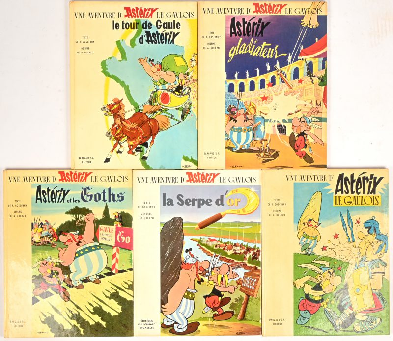 - Astérix le Gaulois. Ed. Dargaud 1966. DL 3°/1961. Auteurs met initiaal op de voorpagina. Zeer goede staat.- La Serpe d'Or. Ed. du Lombard 1966 (C° Dargaud/1963,  DL 3°/1963). Zeer goede staat.- Astérix et les Goths. Ed. Dargaud 1966 (C° Dargaud 1963, DL 3°/1963). Zeer goede staat.- Astérix Gladiateur. Ed. Dargaud 1966 (C° Dargaud 1964, DL 3°/1964). Zeer goede staat.- Le Tour de Gaule. Ed. Dargaud 1966 (C° Dargaud 1965, DL 1°/1965). Zeer goede staat (lichte schade onderkant rug). Richtprijs 15 euro.- Astérix et Cleopatre. Ed. Dargaud 1966 (C° Dargaud 1965). Zeer goede staat. Richtprijs 10 euro.
