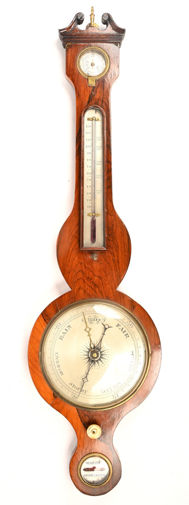 Een oude banjo-barometer met waterpas.